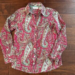 Vtg BLEU BAYOU‎ Colorful Paisley Button Up Shirt Size Small Roll Tab Sleeve